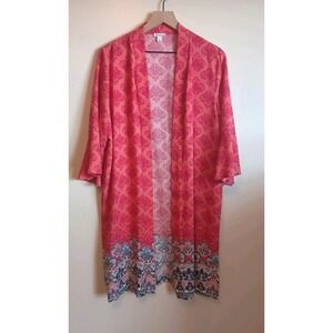 Westport Kimono Duster Large Boho Floral Coral Pink Open Front Bell Sleeve